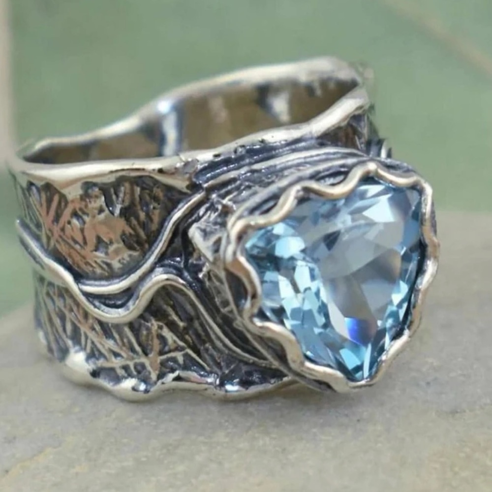 Boho Blue Gemstone Zirconia Wide Vintage Inspired, Silver Plated Fairy, Ring 7